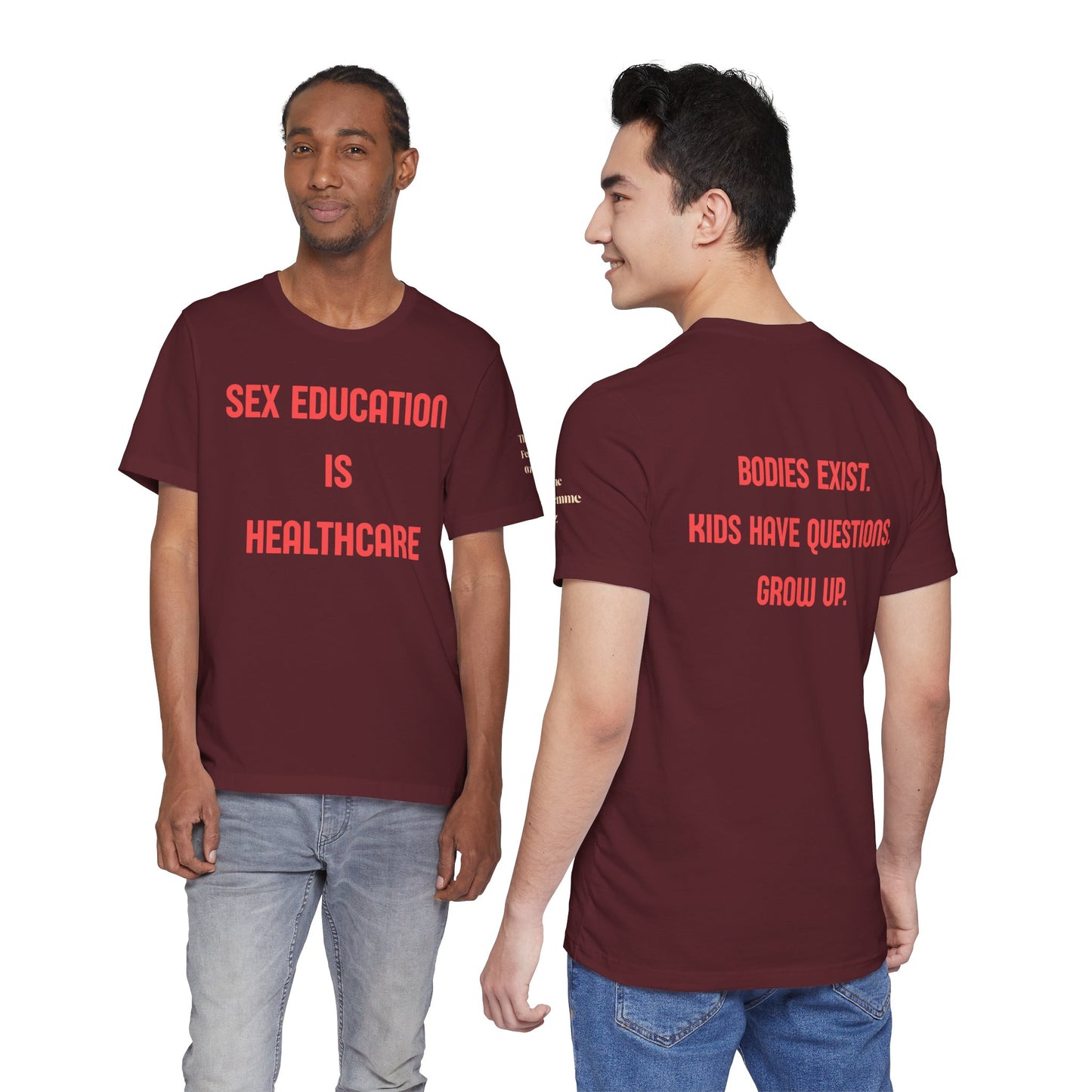 Sex Education Is Healthcare T-Shirt — “Bodies Exist. Kids Have Questions. Grow Up.” Mustard Tee
