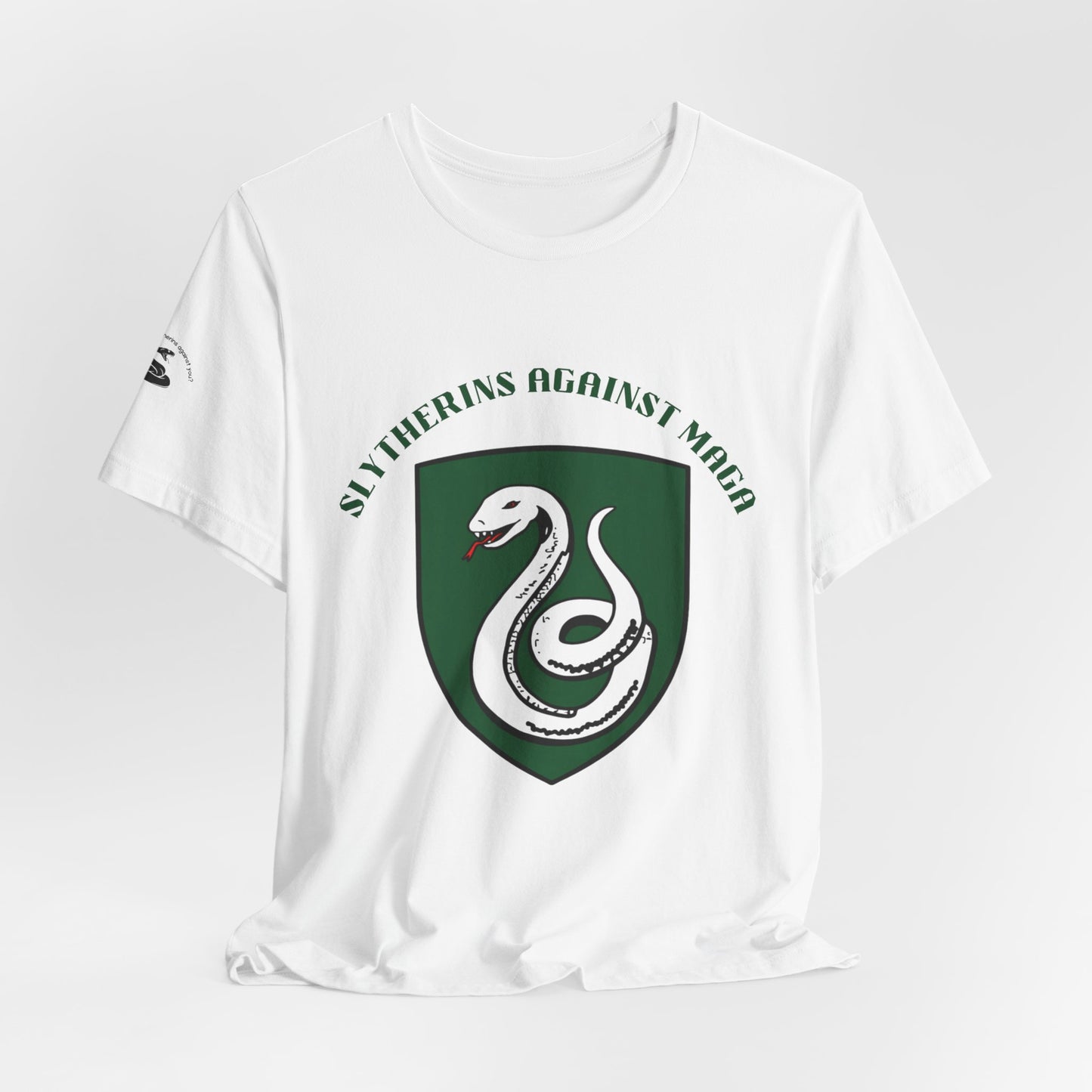 Slytherins Against MAGA T-Shirt — Green Snake Shield Tee