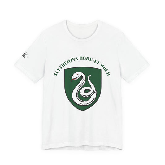 Slytherins Against MAGA T-Shirt — Green Snake Shield Tee