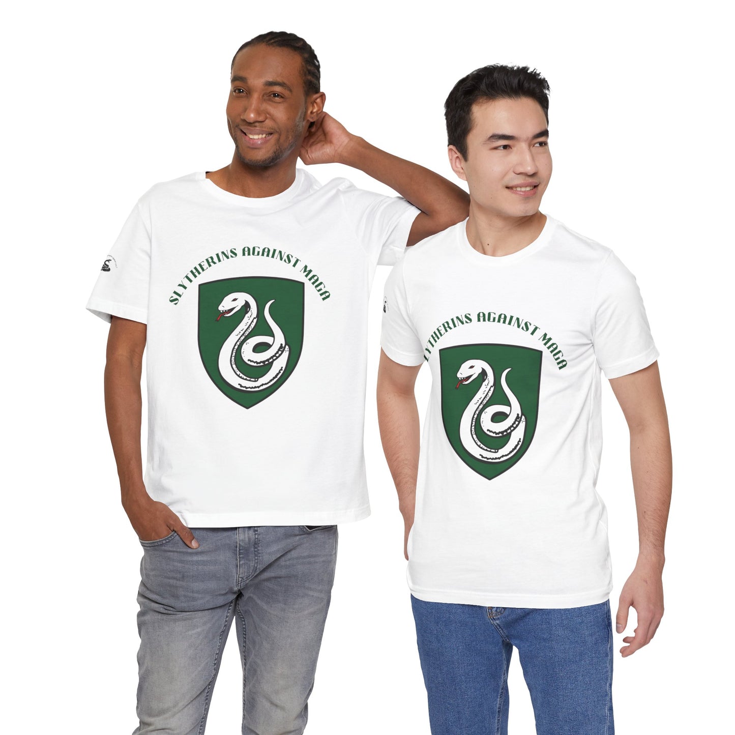 Slytherins Against MAGA T-Shirt — Green Snake Shield Tee